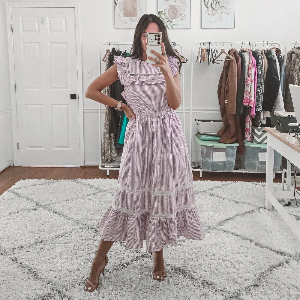 J.Crew Lavender Stripe Ruffle Tiered Midi Dress Size S - Picture 12 of 12